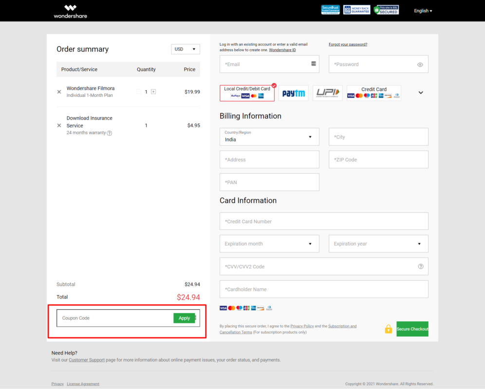 Wondershare filmora chevkout cart