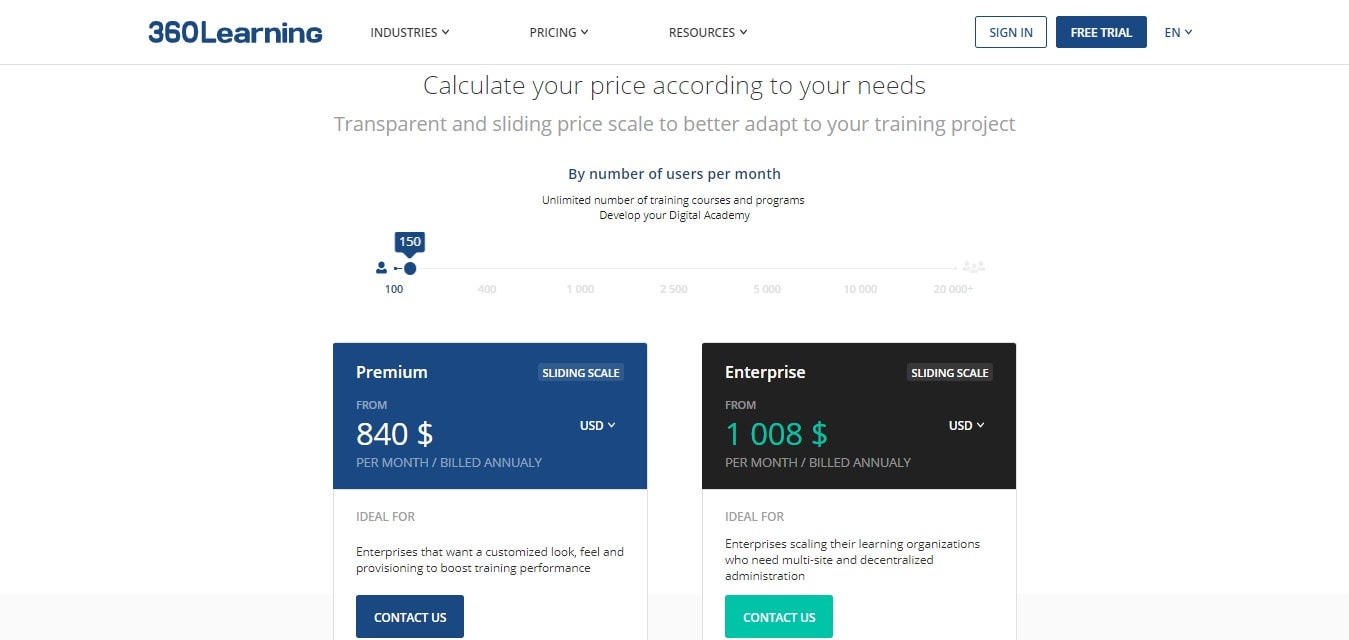 360Learning - calculate your price according to your needs