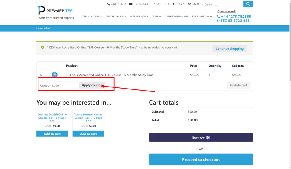 PremierTEFL checkout cart- Premier TEFL Discount coupons