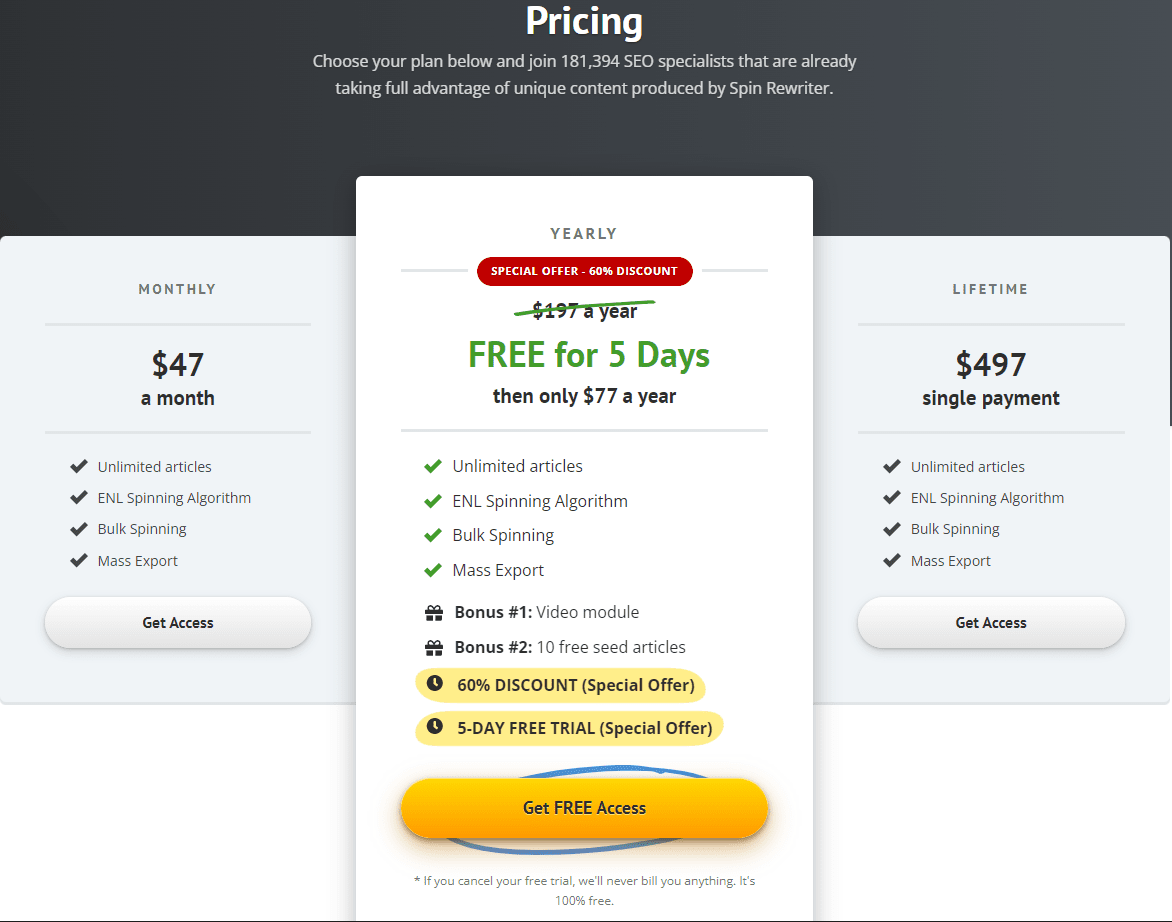 Spin Rewriter Pricing 