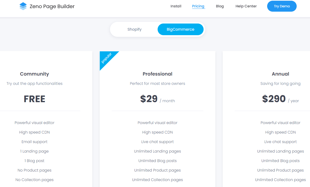 Zeno Page Builder BigCommerce Pricing