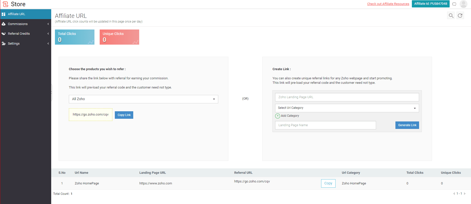 Zoho Affiliate Program Dashboard