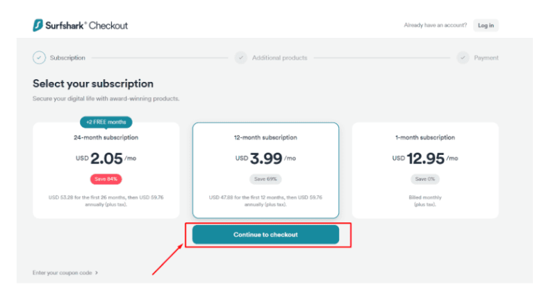 Click on ‘Continue to checkout- Surfshark Black Friday Deals