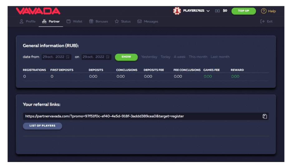 Vavada Affiliate Program Dashboard