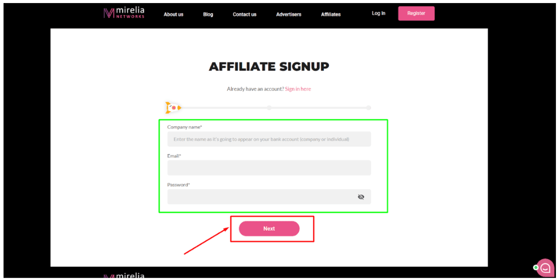 signup page of Mirelia affiliate program