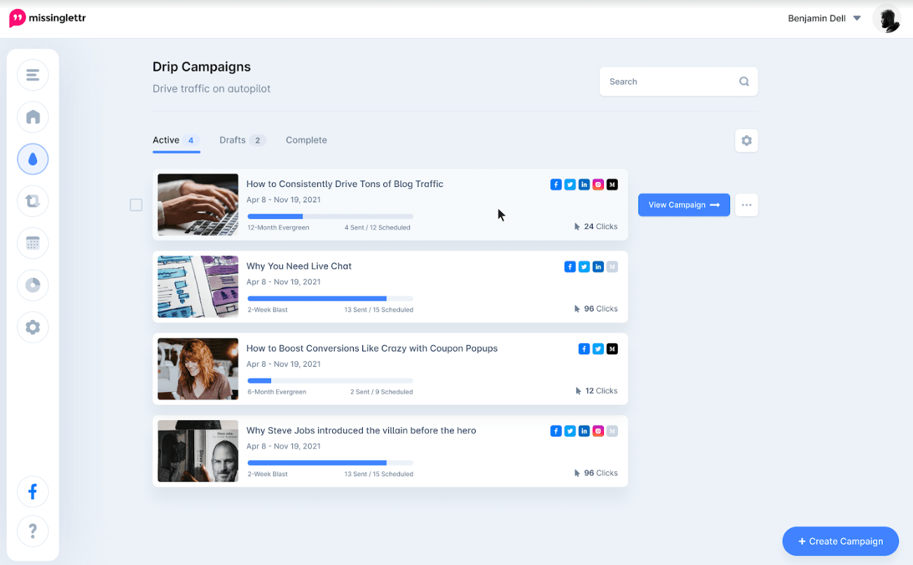 Missinglettr Drip Campaigns Features
