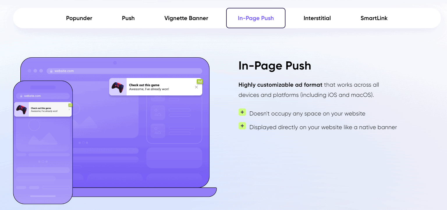 Monetag In-Page Push Ad Formats