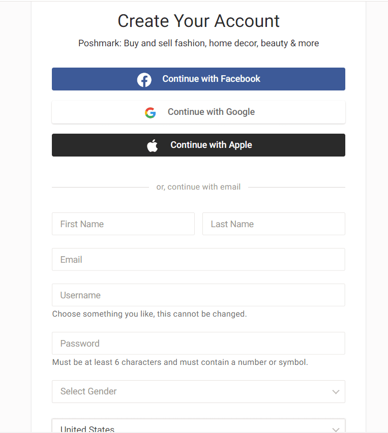 Sign Up for an Account in Poshmark