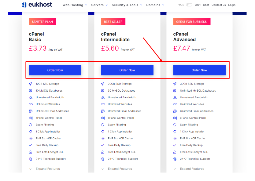 Click 'See Plans' underneath your chosen package on eUKhost's website