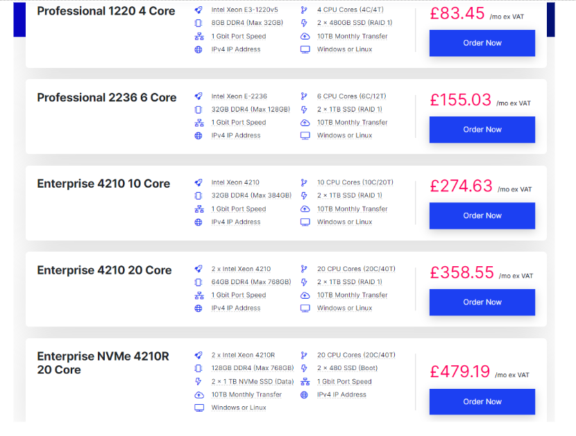 eUKhost Dedicated Hosting Pricing