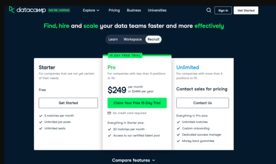 Datacamp recruit and workspace pricing