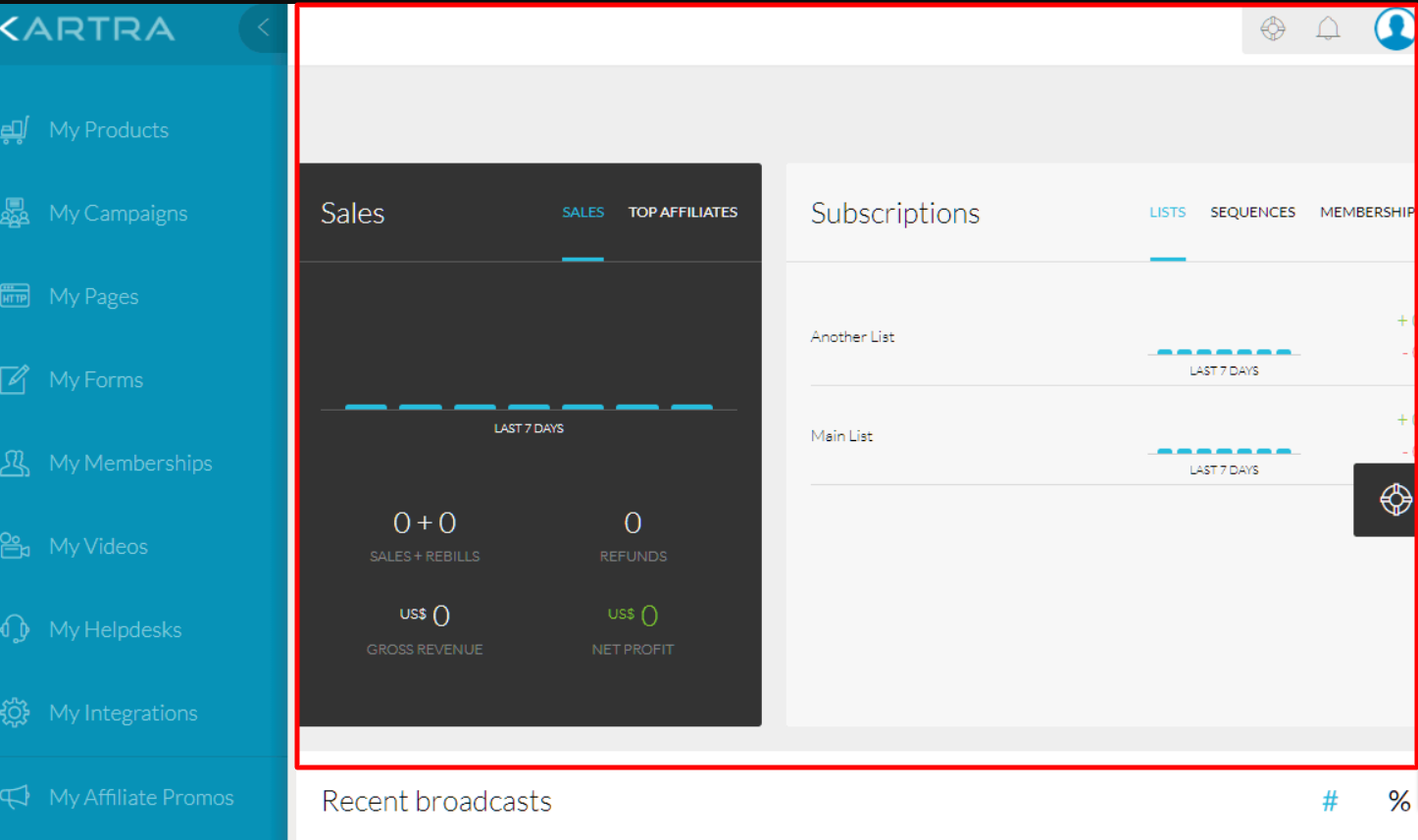 Kartra dashboard and interface