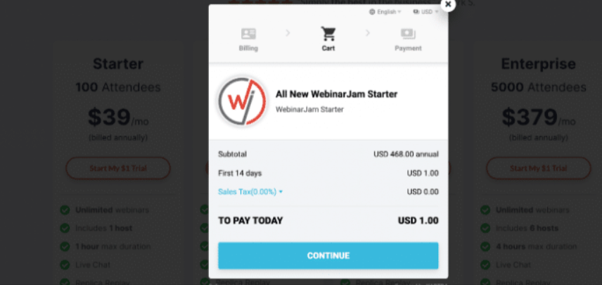 WebinarJam $1 trial checkout