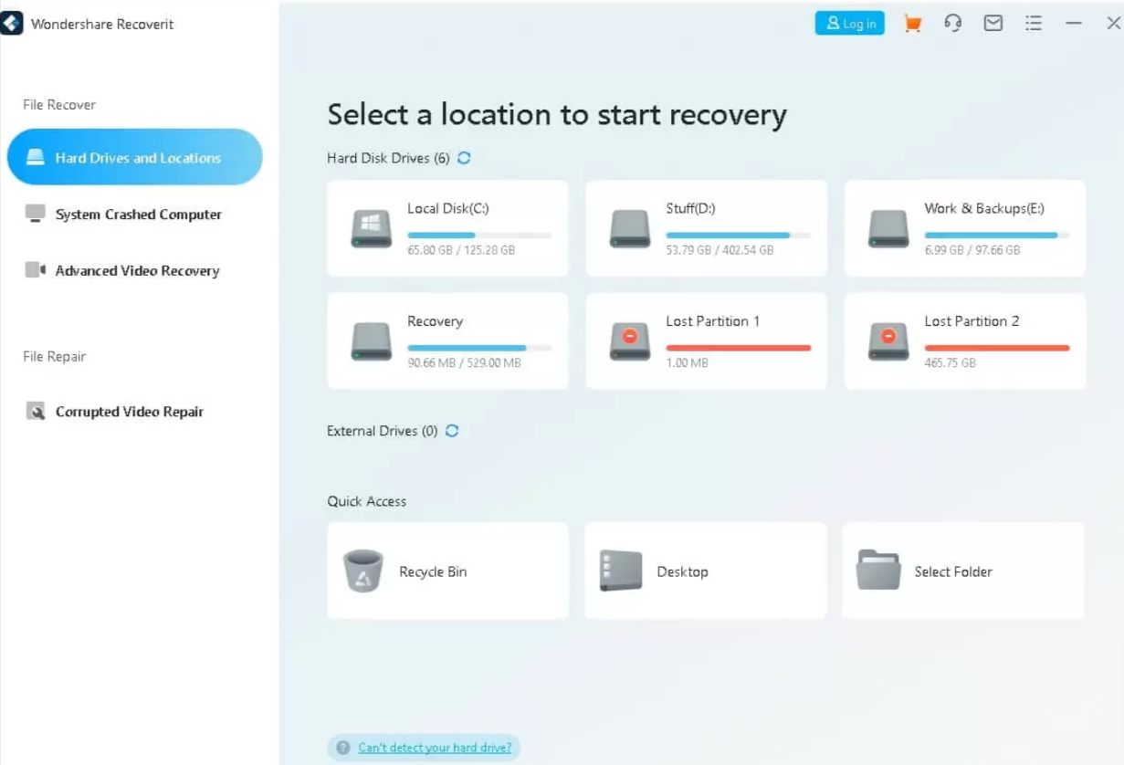 Wondershare Recoverit user interface