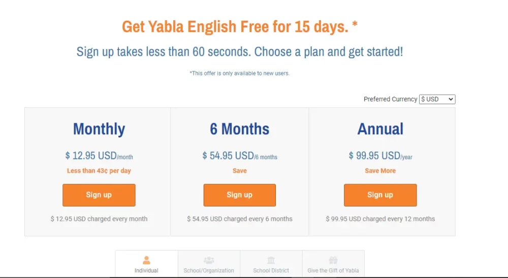 yabla pricing