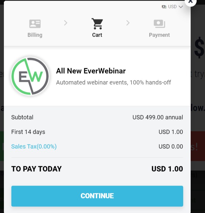 Everwebinar checkout page