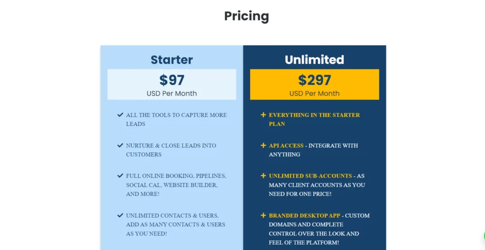 GoHIghLevel Pricing