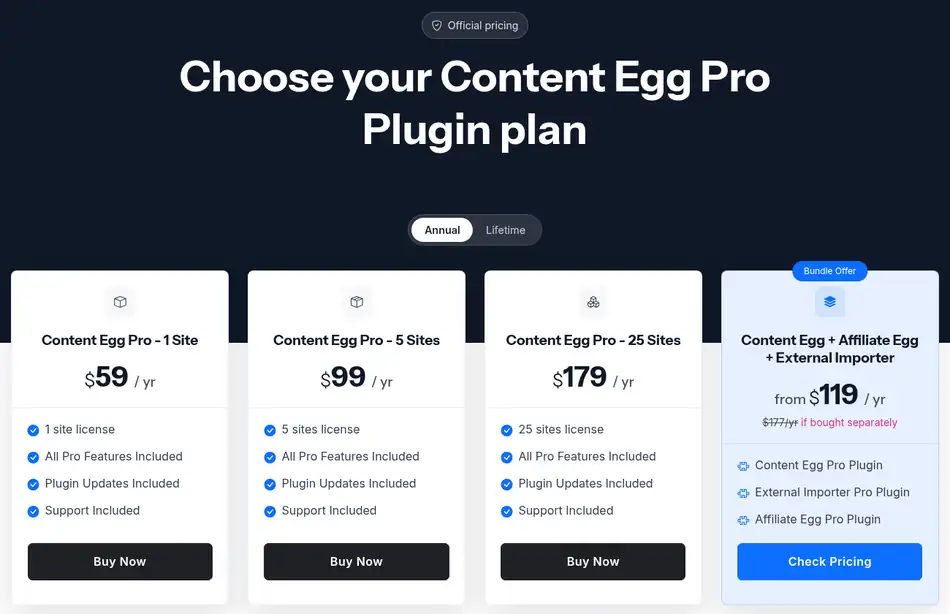 Content Egg Pro Pricing Plans 2026 Content Egg Pro pricing page with annual plans: 1 site $59, 5 sites $99, 25 sites $179 and a 3-plugin bundle from $119