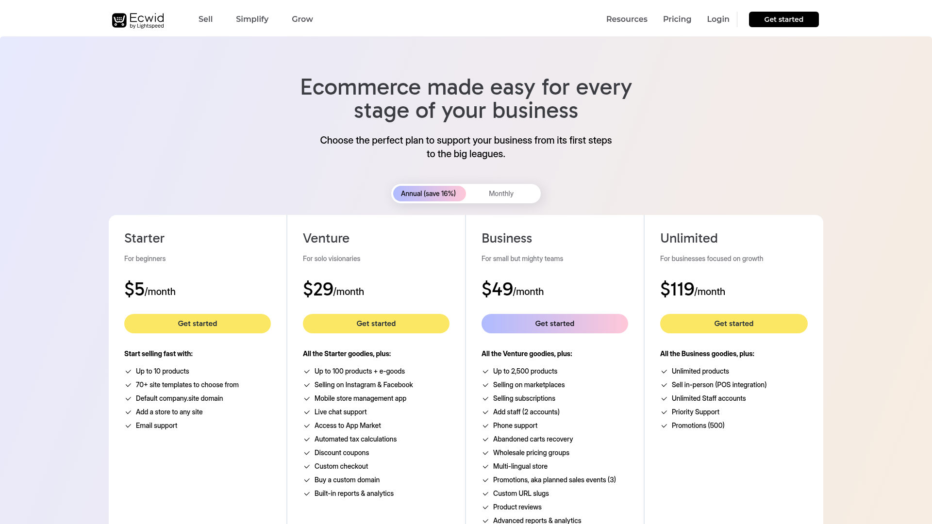 Ecwid pricing page with annual billing: Starter $5, Venture $29, Business $49 and Unlimited $119 per month