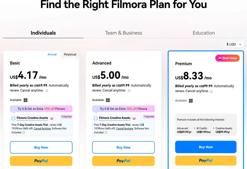 Filmora Windows pricing page showing Basic at US$49.99, Advanced at US$59.99 and Premium at US$99.99 billed yearly