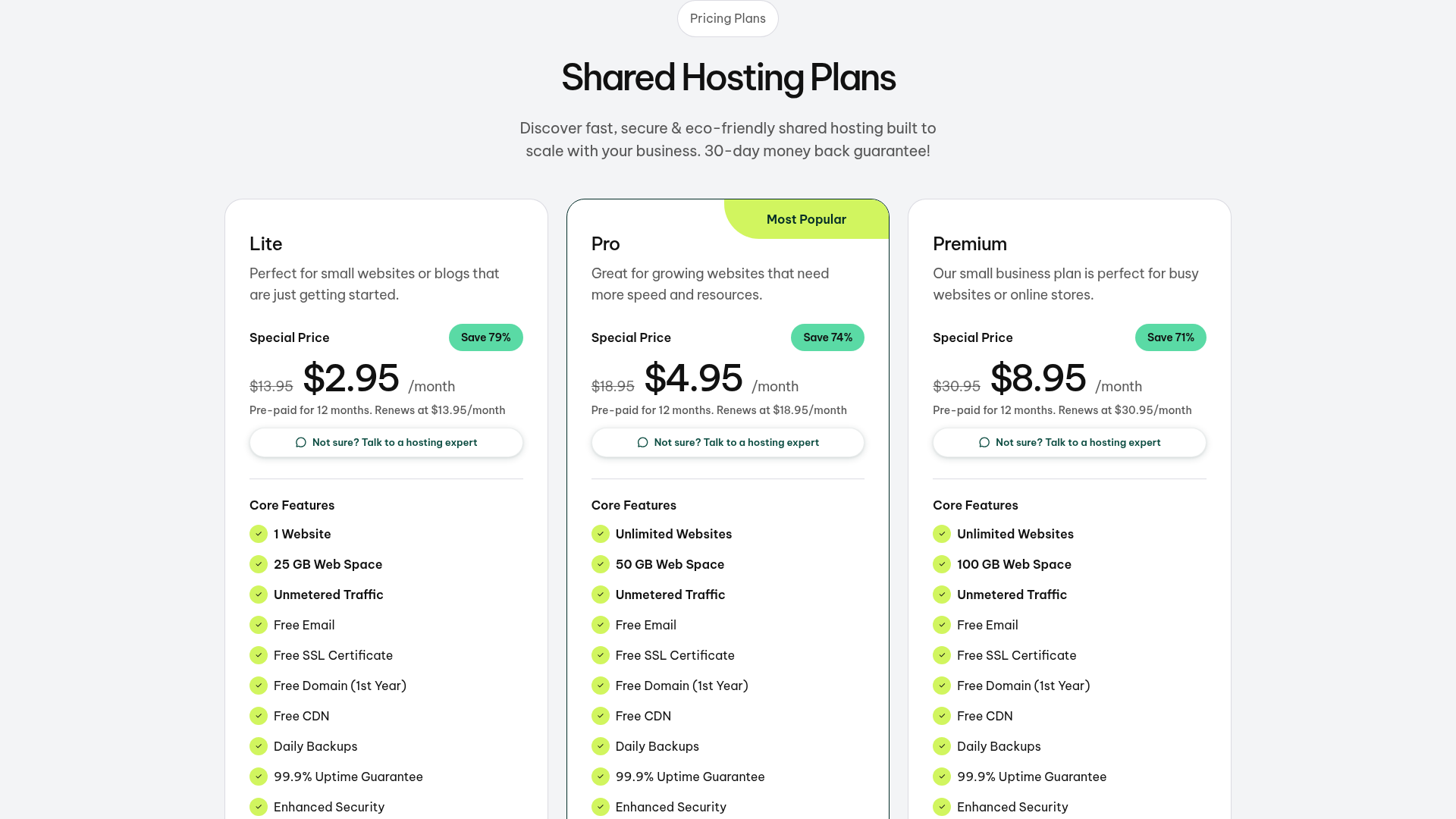 GreenGeeks shared hosting plans showing Lite at $2.95, Pro at $4.95 and Premium at $8.95 per month on 12-month prepay