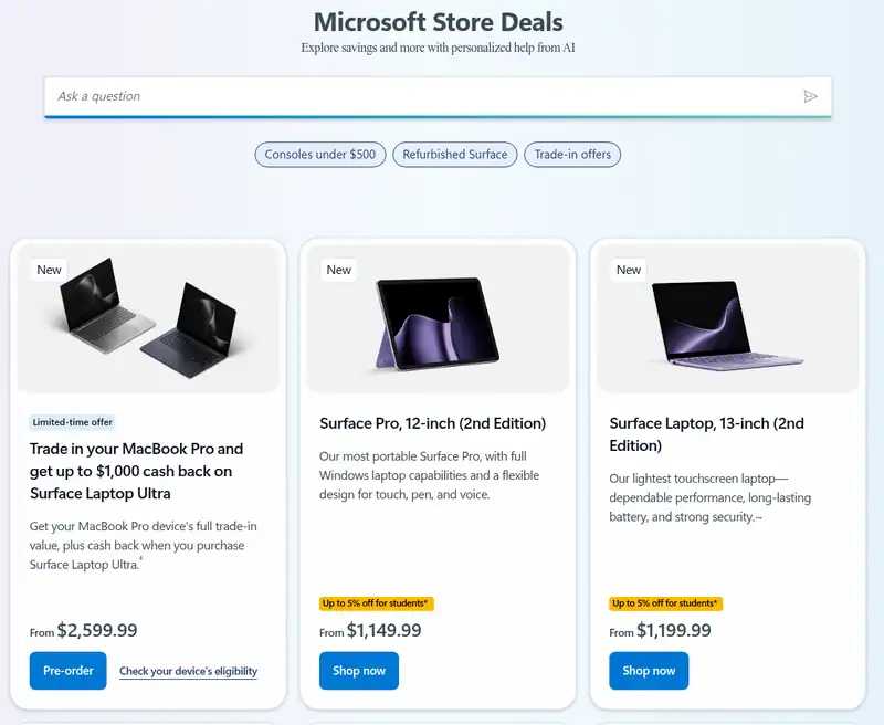 Microsoft Store Deals Page 2026 Microsoft Store Deals page with a MacBook Pro trade-in offer and up to 5% student savings on Surface Pro and Surface Laptop