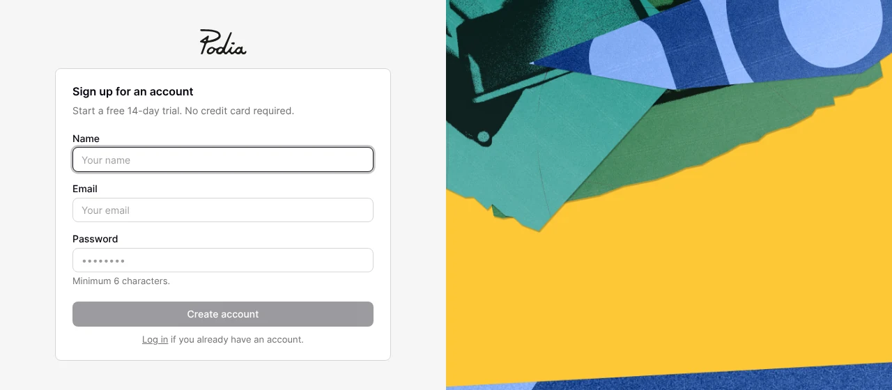 Podia signup form for the free 14-day trial with no credit card required