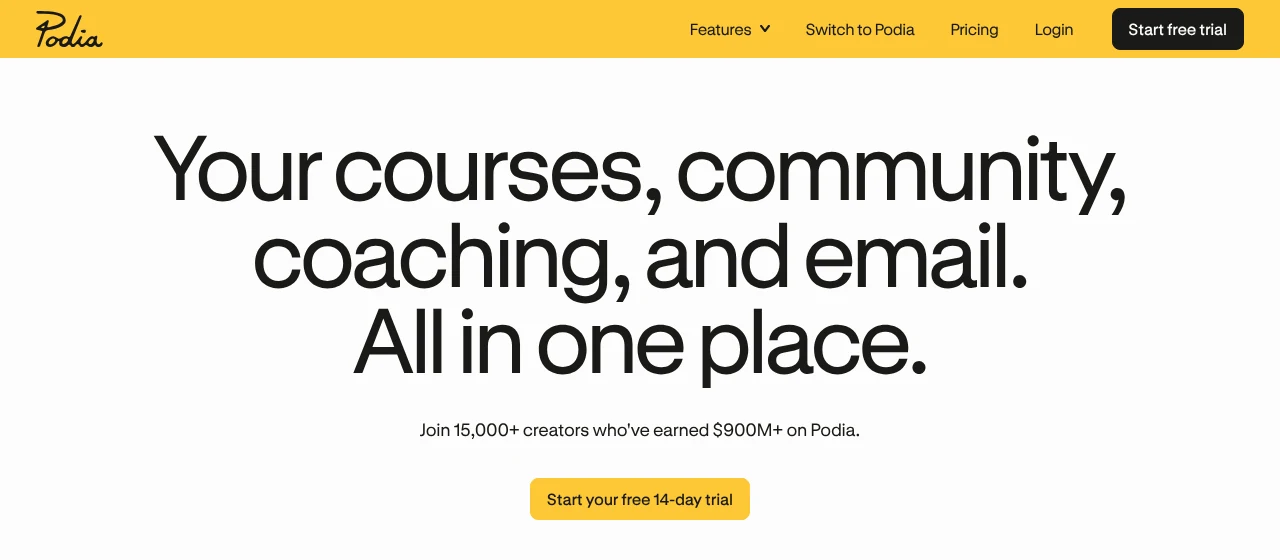 Podia homepage showing the Start your free 14-day trial button