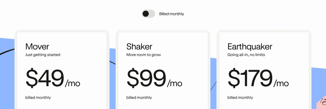 Podia US pricing with monthly billing for Mover, Shaker and Earthquaker
