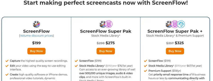 ScreenFlow store showing ScreenFlow at $199, Super Pak at $275 (was $298) and Super Pak + at $325 (was $357)