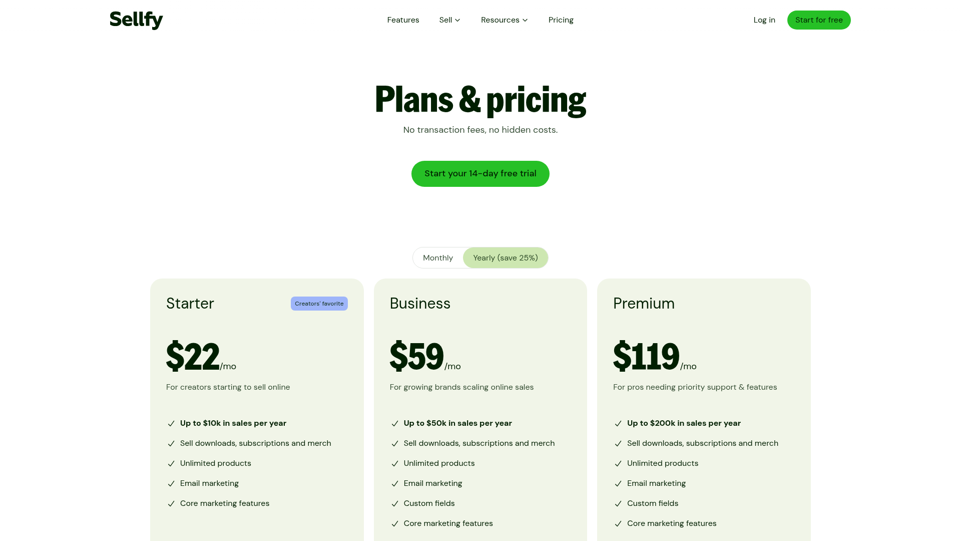 Sellfy pricing page with yearly billing: Starter $22/mo, Business $59/mo and Premium $119/mo with annual sales limits