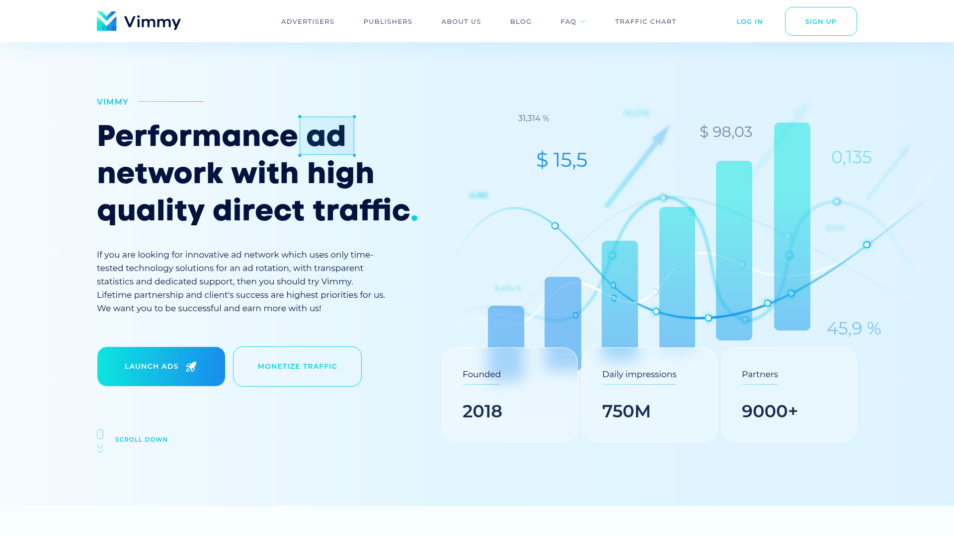 Vimmy homepage hero showing the performance ad network tagline, founded 2018, 750M daily impressions and 9000+ partners